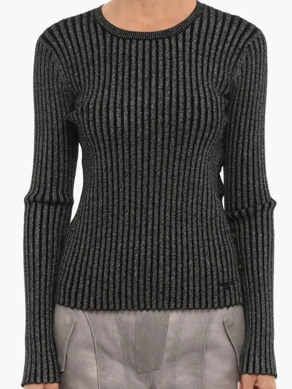 Tory Burch | Ribbed Lurex Merino Wool Crew Neck Sweater Fitted Stretch